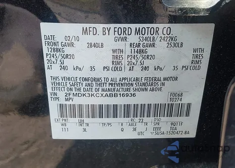 2010 Ford Edge Limited z USA, uszkodzony, nr VIN 2FMDK3KCXABB16936